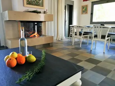 a bottle of wine and fruit on a table with a fireplace at Amoutsa Seaside Villa in Kolymvari