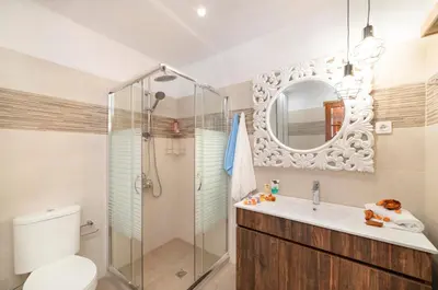a bathroom with a shower and a toilet and a sink at Cretan Lux Villa Heated Pool in Gavalochori