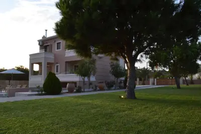 a house with a tree in the yard at Ar & Al Luxury Villa in Galatás