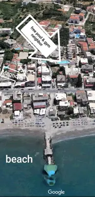an aerial view of a beach with a sign at Manolia Dream Apartment 30m to the beach in Agia Marina Nea Kydonias