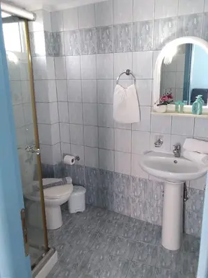 a bathroom with a sink and a toilet and a mirror at Mastorakis Village in Agia Marina Nea Kydonias