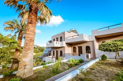 a palm tree in front of a house at Gregory Village Sea View in Stalos