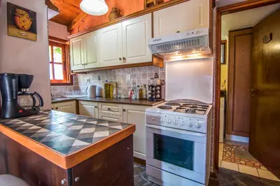 a kitchen with a stove and a counter top at Spitia Anoi in Palaiochóra