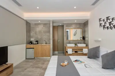 a living room with a couch and a television at Lilium Luxury Suites in Agia Marina Nea Kydonias