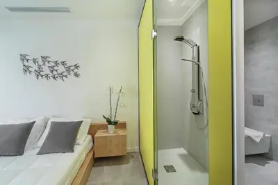 a bathroom with a shower and a bed and a tub at Lilium Luxury Suites in Agia Marina Nea Kydonias
