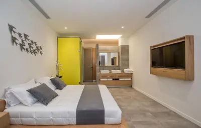 a bedroom with a large bed and a television at Lilium Luxury Suites in Agia Marina Nea Kydonias