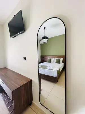 a bedroom with a bed and a mirror at Lafo Rooms in Elafonisi