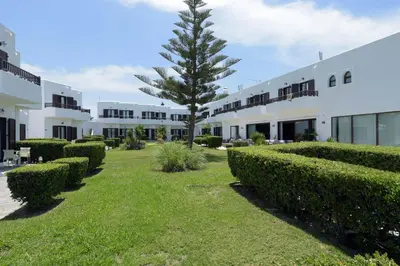 a courtyard of a building with a tree and bushes at Geraniotis Hotel and Resort in Plataniás