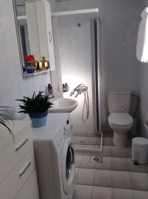 a bathroom with a washing machine and a toilet at Kleanthi's House in Chania Town