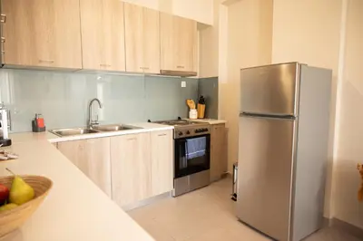 a kitchen with a stainless steel refrigerator and wooden cabinets at Calme luxury residence in Chania Town