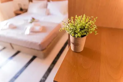 a potted plant sitting on a table in a bedroom at Irene Suite Chania in Kato Daratso