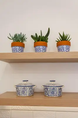 four plants in blue and white bowls on a shelf at Blue Jasmine Apartments in Chania Town