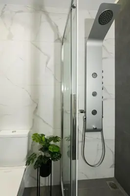 a shower with a glass door and a potted plant at Limosa Luxury Residences in Kissamos