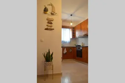 a kitchen with wooden cabinets and a potted plant at Vitro art House-in the heart of Chania in Chania Town