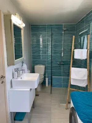 a bathroom with a sink and a toilet and a shower at Maria`s Peaceful Nest in Chania Town
