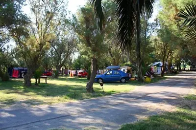 a blue car parked in a park with trees at Camping Mithimna in Kissamos