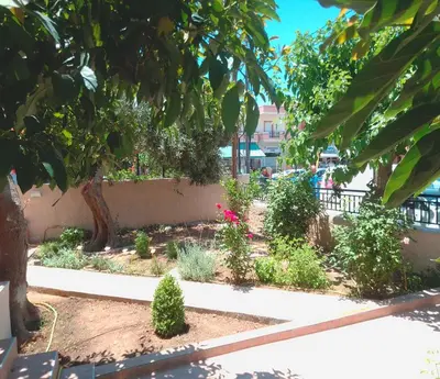 a garden with flowers and plants on a sidewalk at Kissamos Grandfather's House in Kissamos