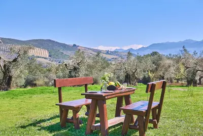 a picnic table and two chairs sitting on a field at Authentic Cottage in a heaven of natural Beauty in Chania Town