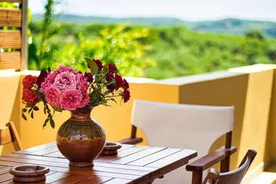 a vase filled with flowers sitting on a table at Mantarini House in Áyios Andónios