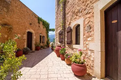 an alley with potted plants on the side of a building at Traditional Crete Villa Villa Green Faskomilia Stunning Views 1 Bedroom in Khiliomoudhoú