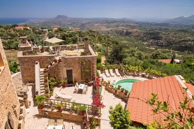 an aerial view of a villa with a swimming pool at Traditional Crete Villa Villa Green Faskomilia Stunning Views 1 Bedroom in Khiliomoudhoú