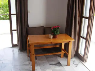 a wooden table with a potted plant on it at Artemis Studios in Agia Roumeli