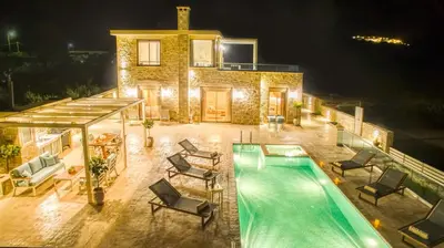 an aerial view of a house with a swimming pool at Luxuryvillaschania Kore-Falasarna beach in Falasarna