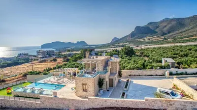 an aerial view of a house with a swimming pool at Luxuryvillaschania Kore-Falasarna beach in Falasarna