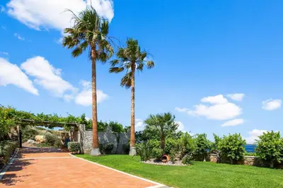 two palm trees next to a brick walkway at Kambos Horizon & Paradise Villas in Kissamos