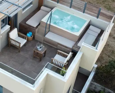 an overhead view of a swimming pool on a house at Blueonar in Chania Town