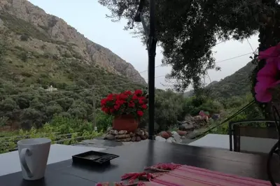 a table with a vase of red flowers on a balcony at Olga's traditional stone house, Palaiochora in Kondokiníyion