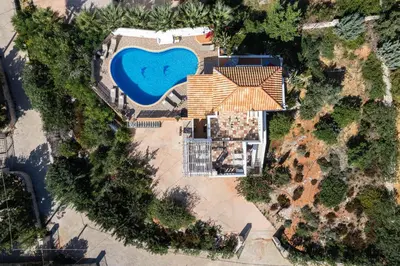 an overhead view of a house with a swimming pool at Villa Aliki ,Aegean Sea Breeze 750m from the Beach! in Chania Town