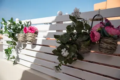 three plants in baskets hanging on a white fence at Nikis Apartment 2 in Chania Town