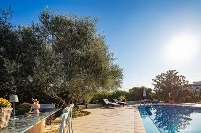 a swimming pool with chairs and trees in a yard at Villa Nikis in Chania Town
