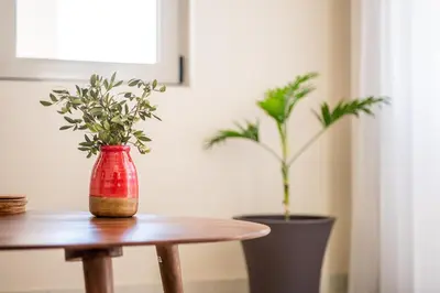 a table with a vase and a potted plant at Villa Oliveto in Tavronitis