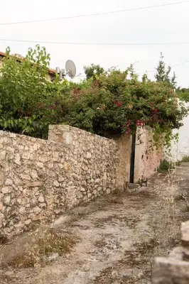 a stone wall with flowers on top of it at Sergios Village House in Chania Town