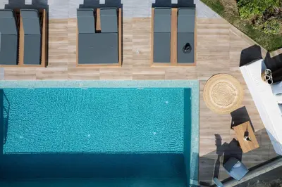 an overhead view of a swimming pool in a house at Argyrie Villas, luxury, amazing sea view, heated pool in Kalleryianá