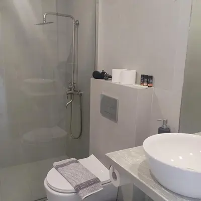 a bathroom with a sink and a toilet and a shower at Zorbas in Sougia