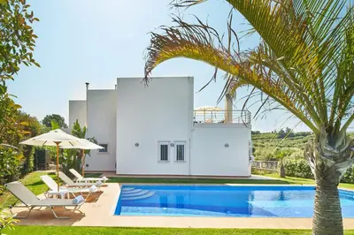 a villa with a swimming pool and a palm tree at Villa Moma in Palio Gerani