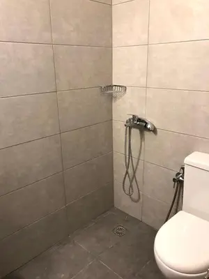a bathroom with a shower with a toilet at Tasoula's Beachside Rooms in Palaiochóra