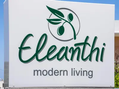 a sign for the cleanith modern living logo at Eleanthi Modern Living in Galatás