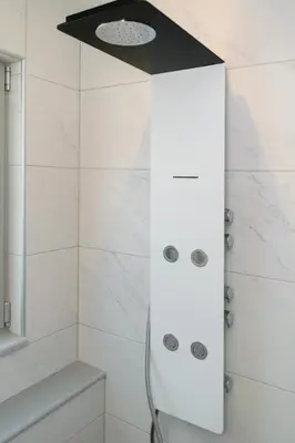 a white shower with a black counter top in a bathroom at Katakis LuxuryVillas in Chania Town