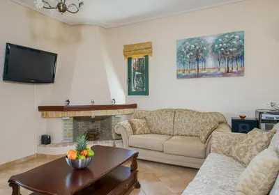 a living room with two couches and a fireplace at Hilltop Villa Kontomari in Kondomari