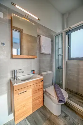 a bathroom with a toilet and a sink and a shower at Anemomili Villas in Drapaniás