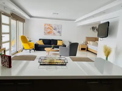 a living room with a couch and a tv at Mare Monte Luxury Apartment in Kissamos