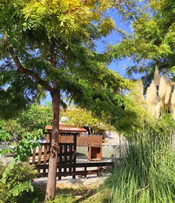 a wooden bench sitting next to a tree at Villa Anthemida Chania in Ayiá