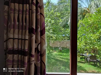 a window with a curtain with a view of a yard at Villa Koulouridi Agritourism in Daratso
