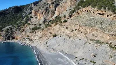 an aerial view of a mountain with a beach at Hotel Agia Roumeli by the SEA in Agia Roumeli