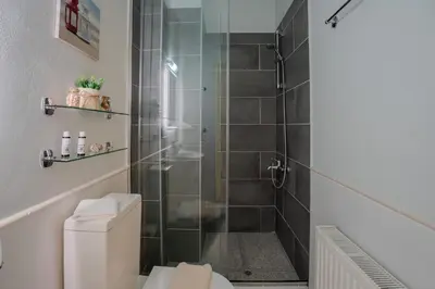 a bathroom with a shower and a toilet at Villa Marianne in Chania Town