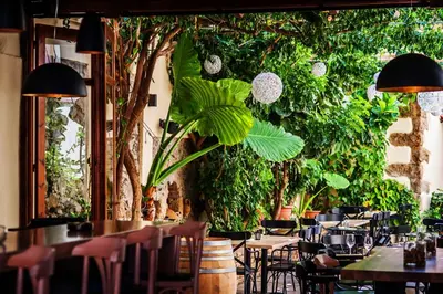 a restaurant with tables and chairs and plants at Polydoros Hotel Apartments in Palaiochóra